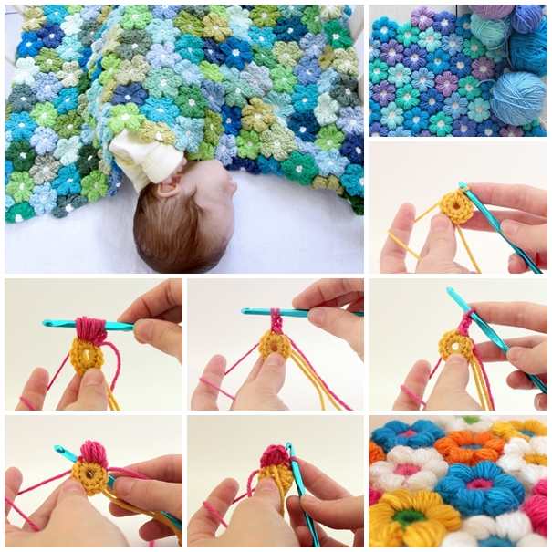 Tığ İle Çiçek Motifli Bebek Battaniye yapışlışı